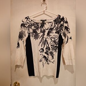 White & Black Floral Panel Knit Top - White